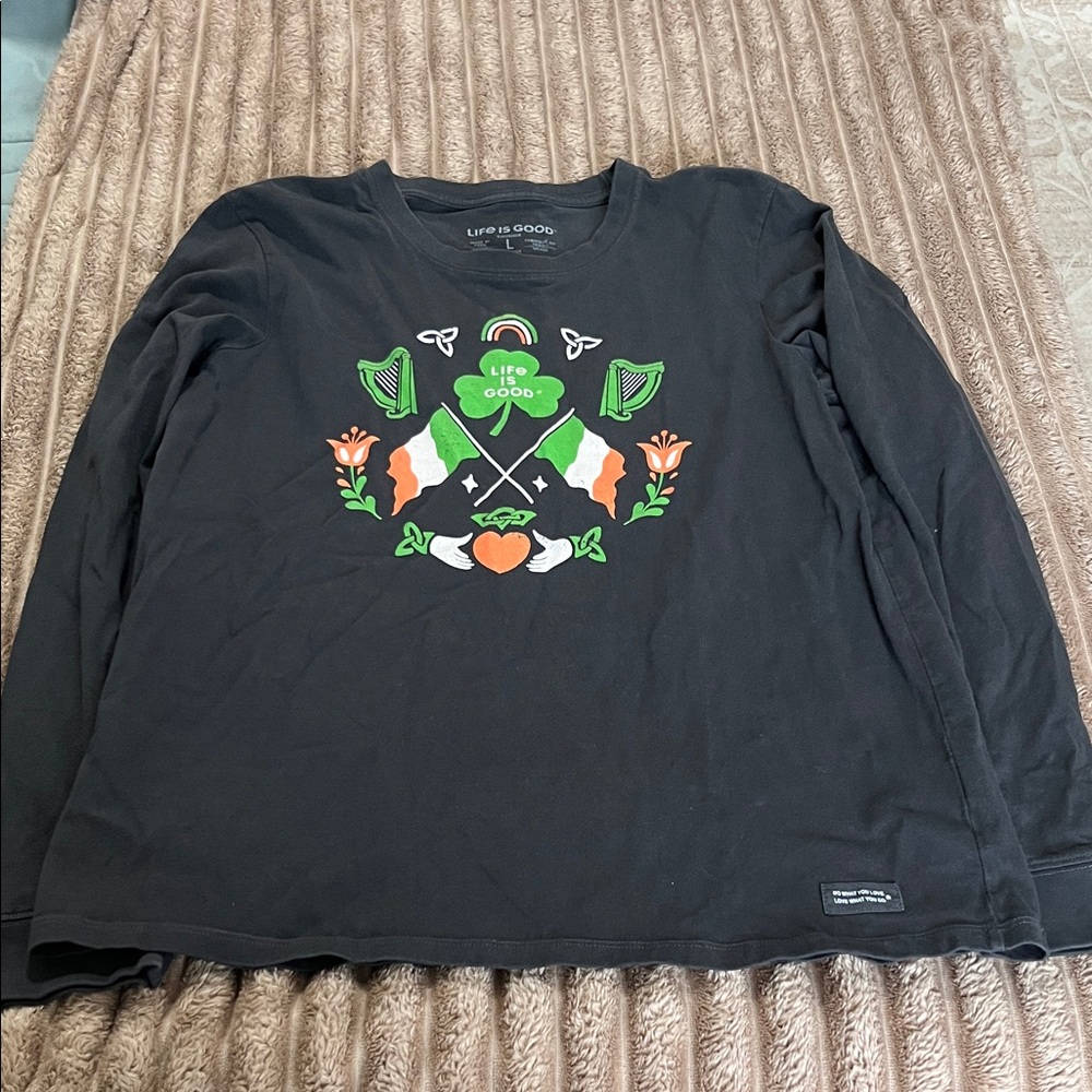 Life Is Good Women’s St Patrick’s Day Long Sleeve Tee with Green Orange Graphics